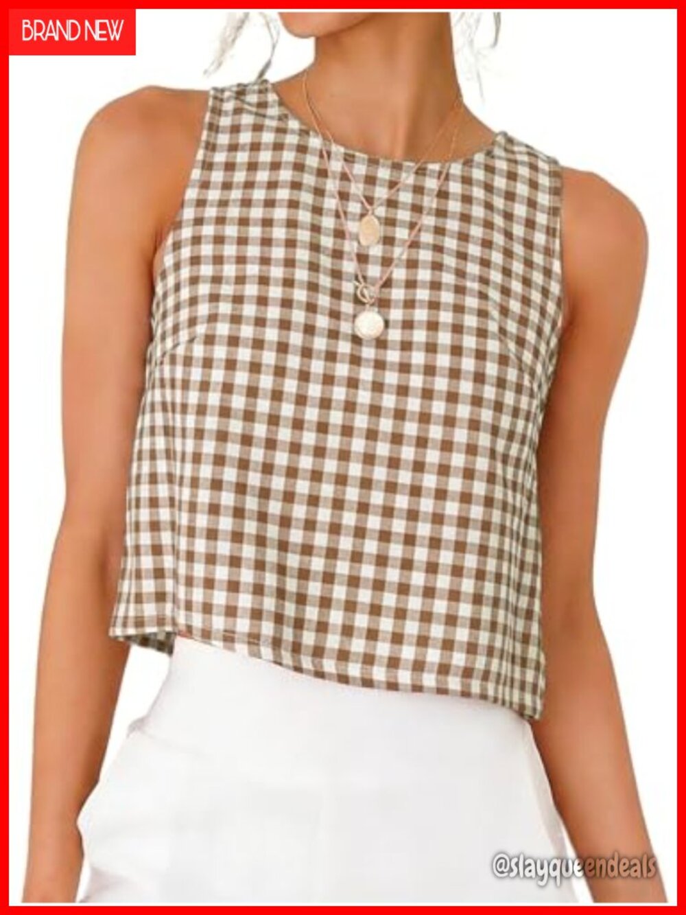 Womens Gingham Crop Tank Top Sleeveless High Neck Back Buttons Plaid
